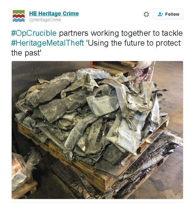 Heritage England picture from Twitter showing pile of stolen metal