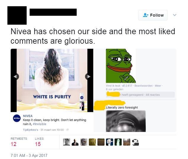 'Nivea has chosen our side and the most liked comments are glorious' alongside the advert, and a pepe and hitler meme