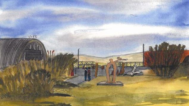 An artist's impression of the bronze angel-shaped statue in a field. The drawing shows the artwork, standing on some grass, next to some trees at the entrance to the museum.