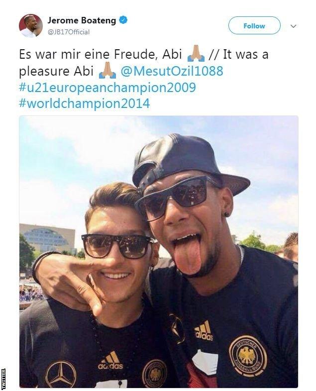 Germany teammate Jerome Boateng responds on Twitter by saying it was a "pleasure"