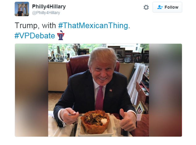 A tweet tagged with "That Mexican Thing" shows a photograph of Donald Trump eating some Mexican food