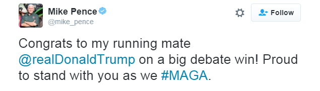 Republican vice-president Mike Pence congratulates US presidential candidate Donald Trump over a "big win" in the second presidential debate