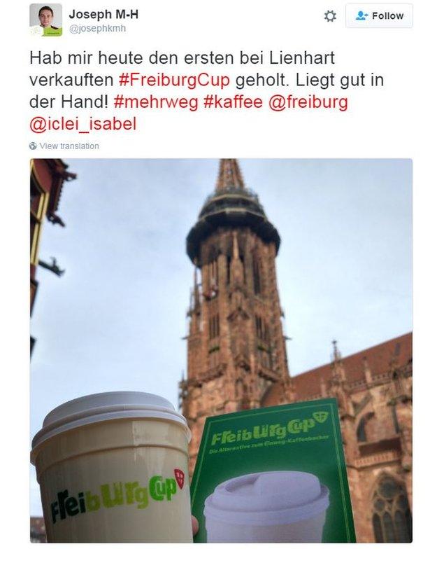 Twitter user @josephkmh wrote: "Today I got the first #FreiburgCup sold at Lienhart. Fits comfortably in your hand!"