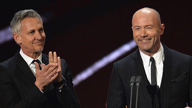 Gary Lineker and Alan Shearer in suits on stage at the National TV Awards in 2017