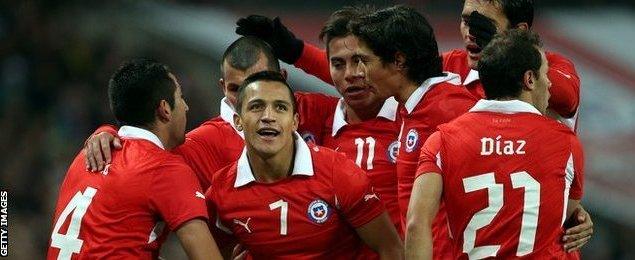 Chile players celebrate during 2-0 win over England at Wembley, November 2013