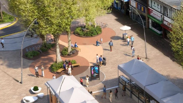 An artist's impression of how a town's high street will look like after work has been carried out. The picture shows people walking on a pedestrianised area with shops on one side and trees in the middle and stalls in the foreground.