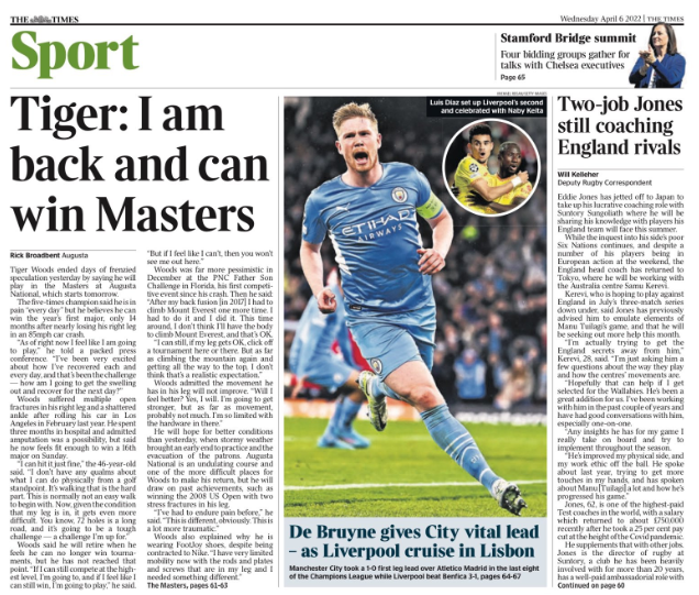 Wednesday's Times back page: De Bruyne gives City vital lead