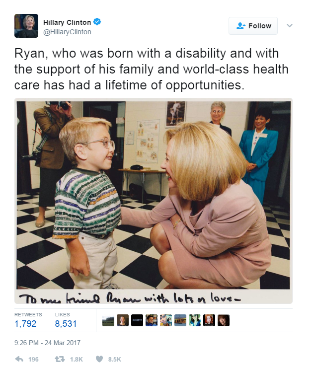 Hillary Clinton tweets an old photo of her with a young boy, with the words: Ryan, who was born with a disability and with the support of his family and world-class health care has had a lifetime of opportunities