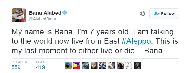 Tweet by Bana, saying "this is my last moment to either live or die"