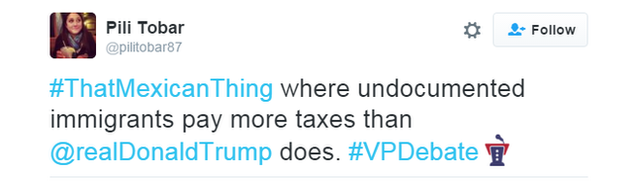 A tweet mentioning the hashtag "That Mexican Thing" refers to immigrants who are lawful and pay their taxes