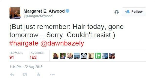 Tweet reads: "But just remember: Hair today, gone tomorrow...Sorry. Couldn't resist."