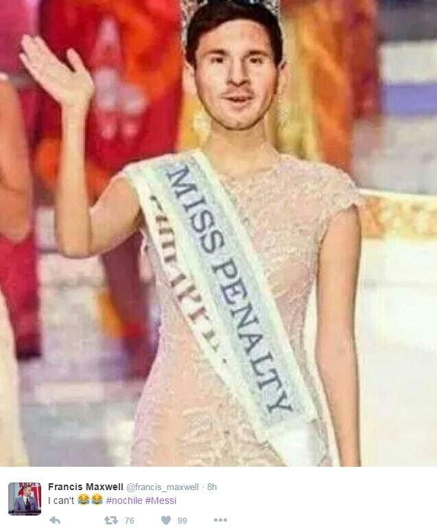 Photo of a beauty contestant with Lionel Messi's face photo-shopped onto the body. The sash says 'Miss Penalty'.