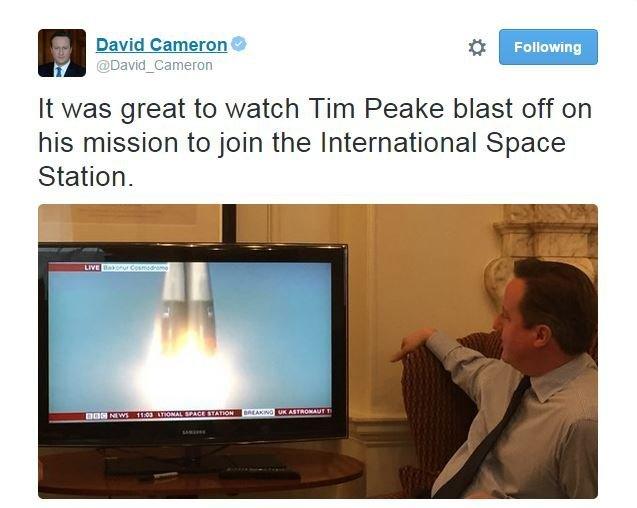 @David_Cameron tweets: It was great to watch Tim Peake blast off on his mission to join the International Space Station.