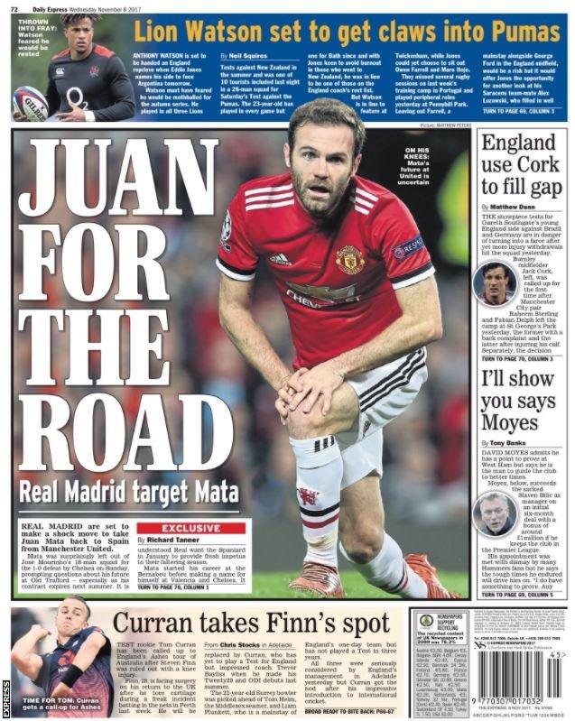 The Express back page leads with Real Madrid targeting Manchester United midfielder Juan Mata