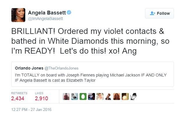 Angela Bassett tweeted: "BRILLIANT! Ordered my violet contacts & bathed in White Diamonds this morning, so I'm READY! Let's do this! xo! Ang"