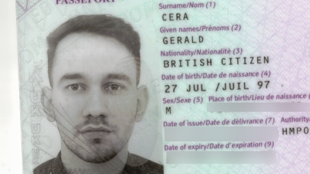 A close up photo showing Gerald Cera's passport