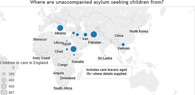 Interactive map showing where unaccompanied asylum-seeking children are from