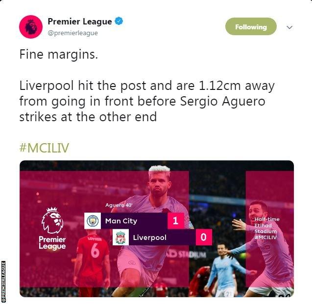 The Premier League says Liverpool were 1.12cm away from taking the lead before Sergio Aguero's opener.