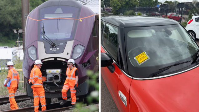 A composite split image of investigators working at the site of a train crash, next to a fixed penalty notice on a car windscreen.