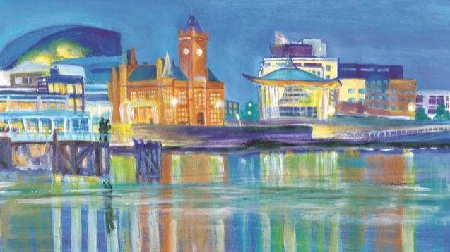 Painting in yellows, blue and purples and brown of Cardiff Bay at night