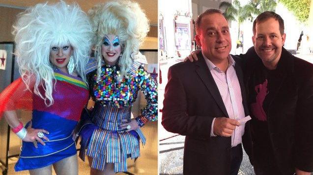 Two drag artists on one side and their non-performing images on the other.
The drag pictures show them wearing bright clothes and big wigs, with heavy makeup. The other image shows them wearing dark suits, one with a formal shirt and the other with a T-shirt.