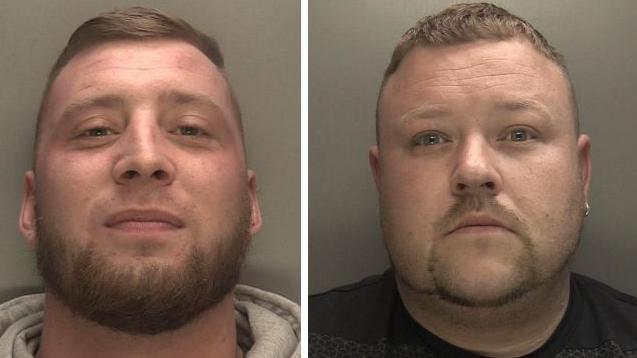 Police mugshots show Adam Shakespeare, with a beard and smiling in a grey hooded top and David Smith in a black top and beard.