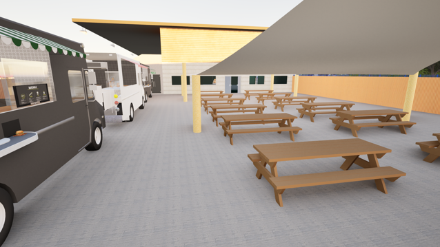 A computer generated image of a dozen wooden benches beneath an outdoor fabric canopy. There are two food trucks on the left and a football stand in the back of the image