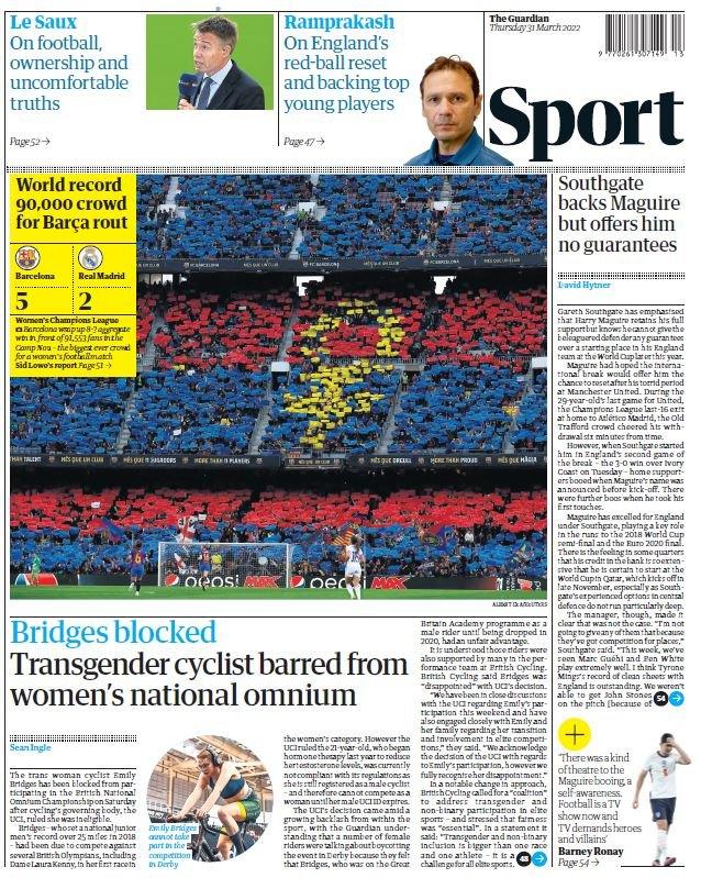 The front page of the Guardian Sport section