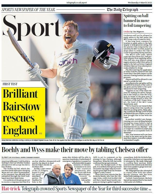 Wednesday's Telegraph back page: Boehly and Wyss make their move by tabling Chelsea offer