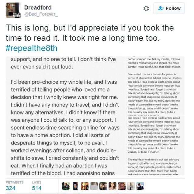 Tweet by young woman asking people to read her account of her abortion