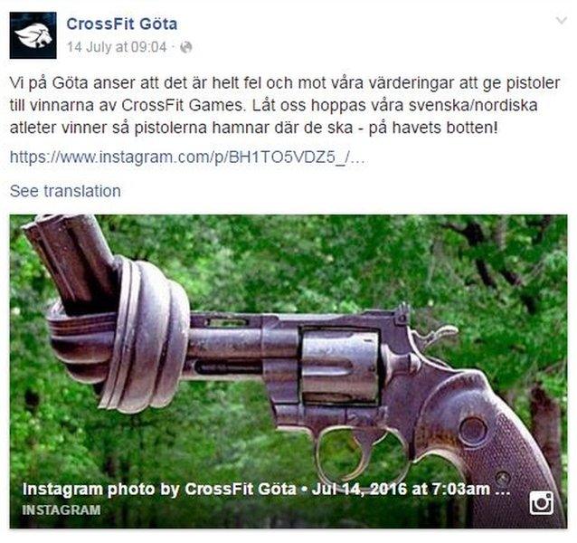 A Crossfit gym in Sweden has shown its disgust by posted a picture on Facebook of the famous sculpture of a gun with it's barrel twisted in a knot made by the Swedish artist Carl Fredrik Reuterswärd for the United Nations in New York following the murder of John Lennon. The caption expressed the hope that any Swedish winners would throw their prizes into the sea.