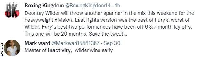 Fans on Twitter discussing Fury-Wilder III. One fan says "Wilder will throw another spanner in this mix" and cites Fury's inactivity, while another says "Wilder wins easy".