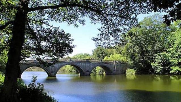 An ornate medieval stone bridge with a number of pillars and arches viewed from a riverbank 