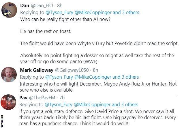 Fans on Twitter discuss Tyson Fury's next opponent. One fan says he could fight Andy Ruiz while another suggests David Price