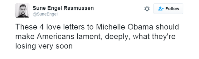 Twitter user @SuneRngel writes that Michelle Obama's love letters "should make Americans lament what they're losing"