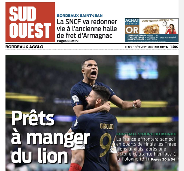 The Sud Ouest front page with a picture of Kylian Mbappe and the words "Ready to eat some lion"