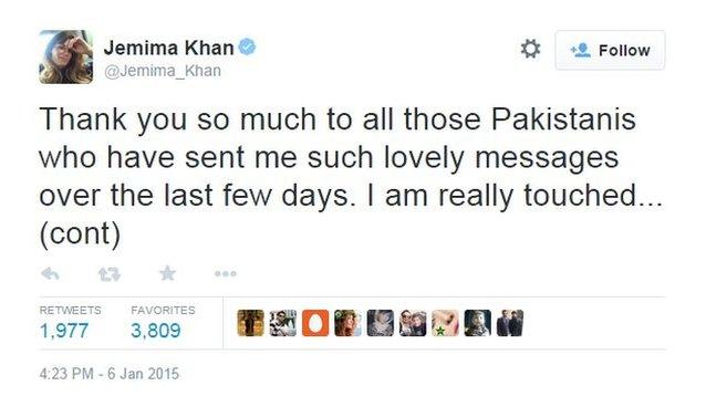 Jemima Khan tweets her thanks to Pakistanis for their show of support after news emerged of his marriage to Reham