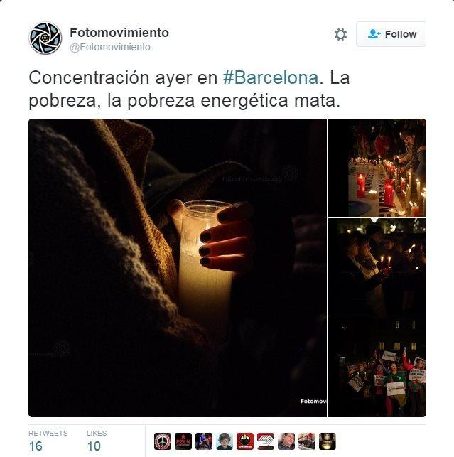 "Demonstration yesterday in #Barcelona. Poverty, energy poverty kills," tweets @Fotomovimiento, with pictures of a candlelit protest