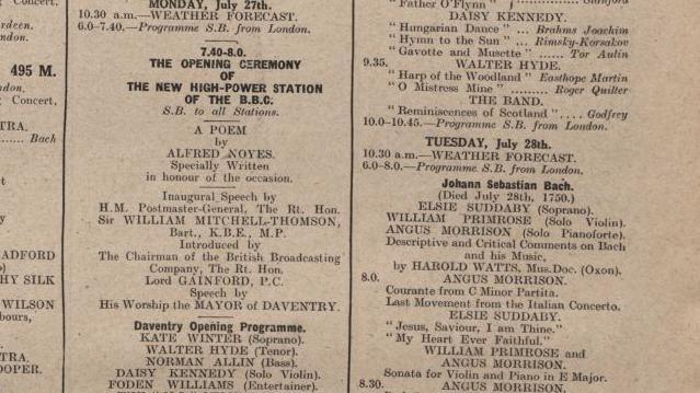 Part of a page of the Radio Times, showing that, on Monday 27 July, the "opening ceremony of the new high-power station of the BBC" would be broadcast. It would include a number of musical items.
