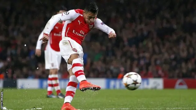 Alexis Sanchez strikes the ball on the volley