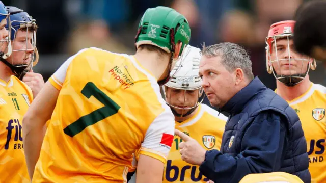 Davy Fitzgerald talks to Antrim's players 