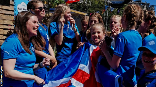 Iceland's Prime Minister Katrin Jakobsdottir in the fan park before the Euro 2022 match with Belgium