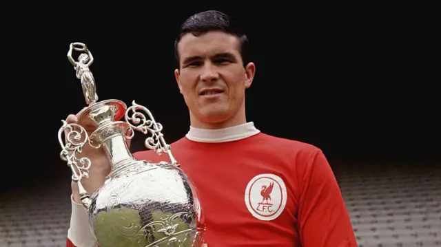 Ron Yeats of Liverpool with the 1965/66 League Division One trophy at Anfield, Liverpool