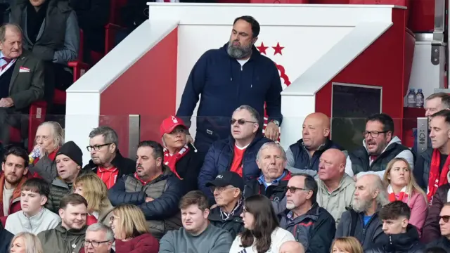 Nottingham Forest owner Evangelos Marinakis getting up in the stands to leave during the game against Chelsea