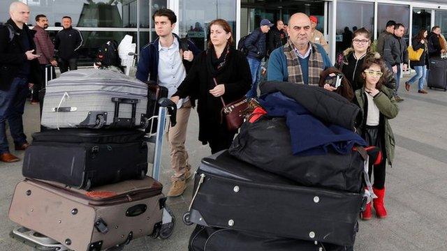 Family return to Iraq from Egypt after they were prevented from boarding a flight to the US, on 29 January 2017