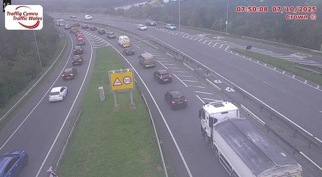 Vehicles can be seen queuing around the Britannia Bridge, in this image taken from a traffic camera