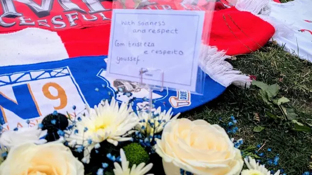 Message on wreath saying Our City is United in grief. With deepest sympathy from all at Everton.