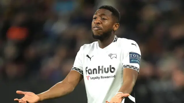 Ebou Adams holds out his palms during Derby County's goalless draw with Burnley