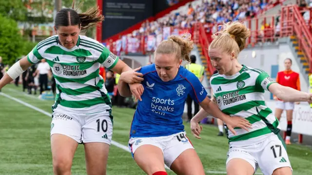 Celtic's Mathilde Cartsens (L) and Morgan Cross (R) and Rangers' Mia McAulay