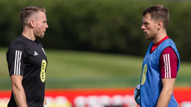 Chris Gunter and Aaron Ramsey during Wales training